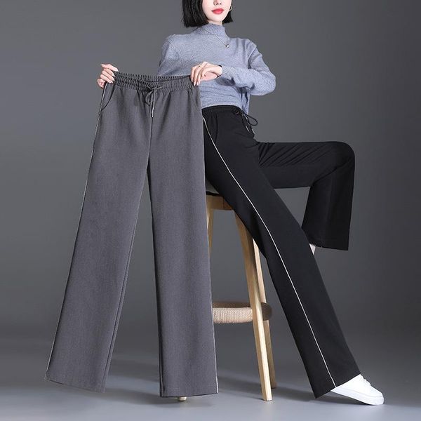 

women's pants & capris spring summer wide leg for women casual elastic high waist 2021 fashion loose long ice silk pant trousers femme, Black;white