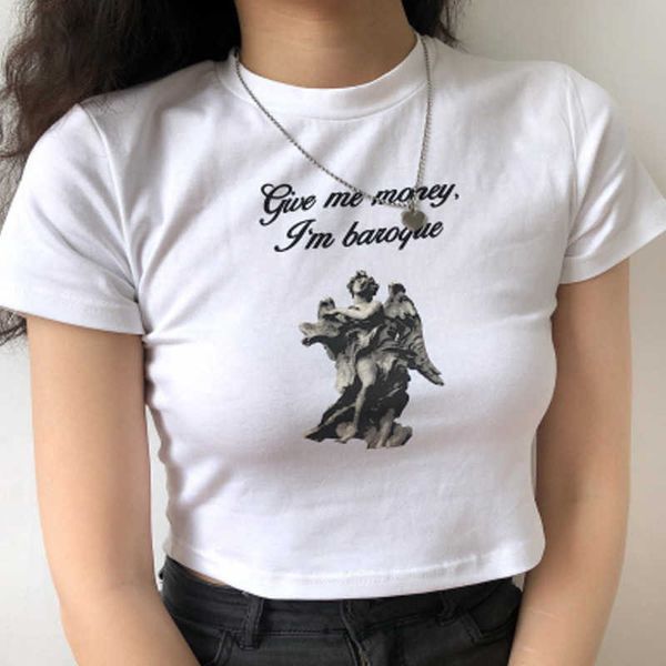 

vintage letter print crop women casual short sleeve cotton pullover tee summer slim streetwear t-shirt woman 210527, White