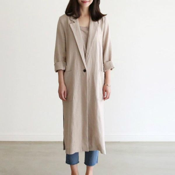 

women's trench coats 2021 women autumn cotton and linen long coat full sleeve single-button split hem loose thin jacket, Tan;black