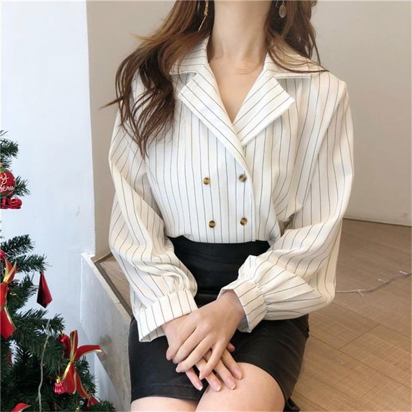 

women's blouses & shirts 2021 spring summer vintage women double-breasted blouse casual v-neck striped ladies long sleeve blusas 1347, White