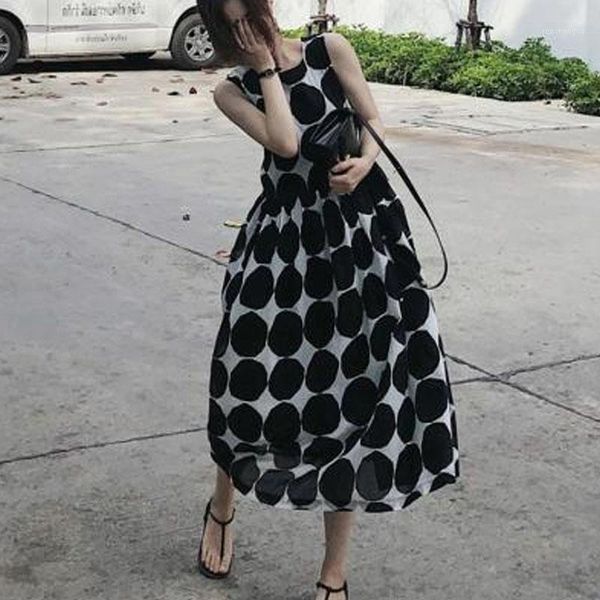 

summer sleeveless polka dot print women midi dress casual fashion dresses a-line boho elegant loose beach long vestidos, Black;gray