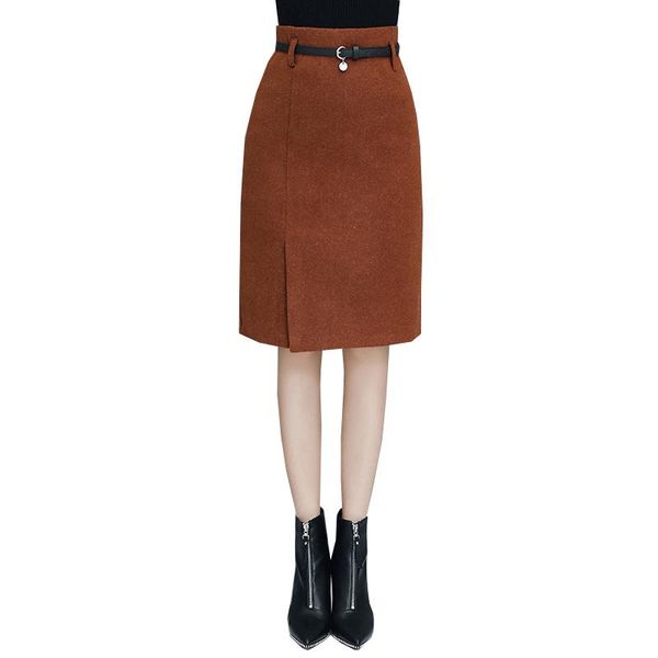 

skirts office lady woolen skirt mini length with belt split thick winter for women, Black