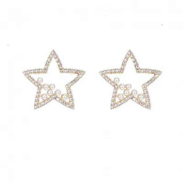 

japan and south korea super immortal temperament geometry five pointed star pearl earrings 2021 flash diamond personalized, Golden