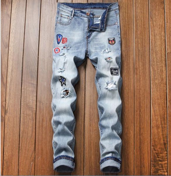 

men's jeans wimilous men embroidery casual pants cultivate one's morality personality straight hole blue