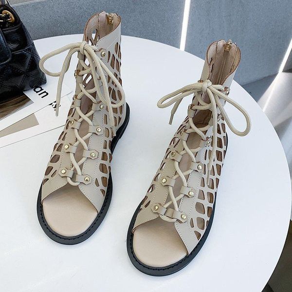 

sandals gladiator women boot peep toe hollow out lace up flat shoes woman black ac899