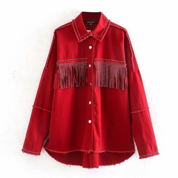 

red vintage shiny rhinestone fringed women's jacket lapel long sleeve single-breasted harajuku chic loose female coat denim coat y20100, Black;brown