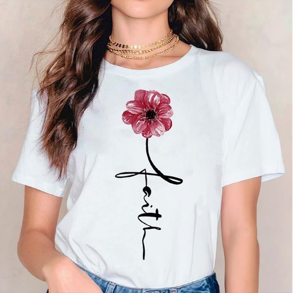 

watercolor floral faith letter fashion womens t shirts 90s short sleeve print graphic female tee, White