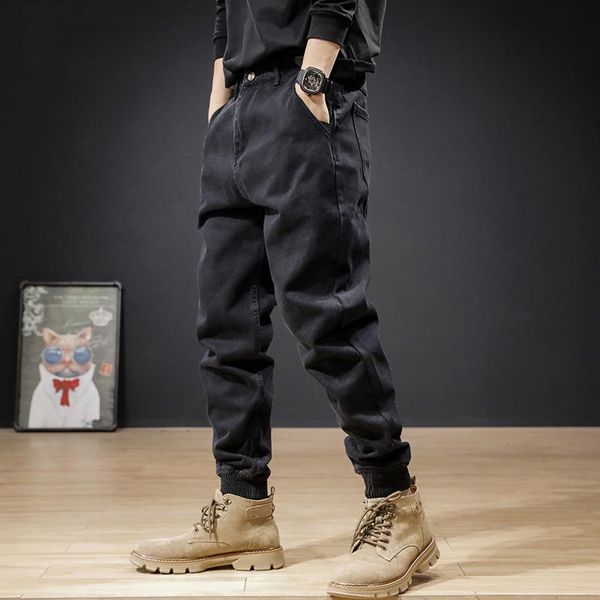 

men's jeans street fashion men black loose fit spliced designer casual denim cargo pants overalls hip hop joggers wide leg, Blue