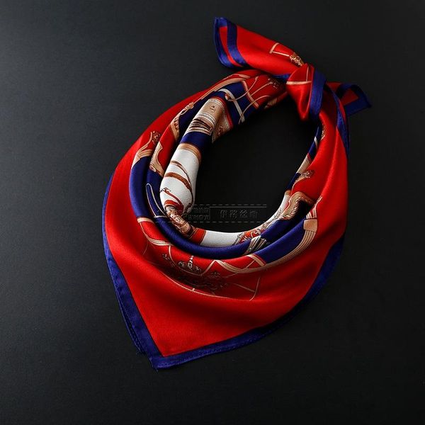 

scarves 100% natural silk square 52*52 cm female small bandana carriage print crepe satin plain handkerchief neck band, Blue;gray