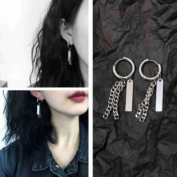 

dangle & chandelier 1pcs personality ins square piece double chain earrings stainless steel niche hip-hop, Silver