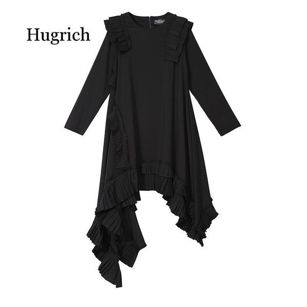 

casual dresses 2021 spring summer round neck long sleeve ruffles split joint irregular hem loose dress women fashion tide, Black;gray