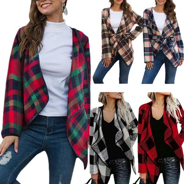 

women's wool & blends ladies plaid woolen coat jacket with straps waist, Black