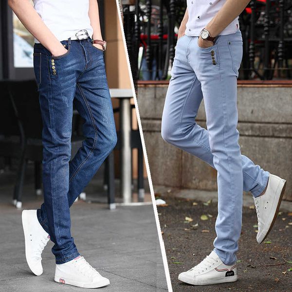 

pure blue men button decoration ny casual mode micro-elastic slender jeans size 28-38