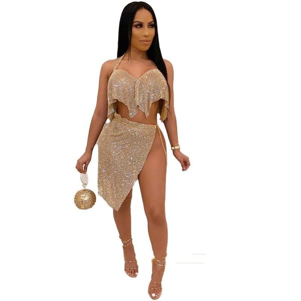 

two piece dress ladies sequined skirt suit halter bra and asymmetrical mini 2 set fashion shiny club outfit, White