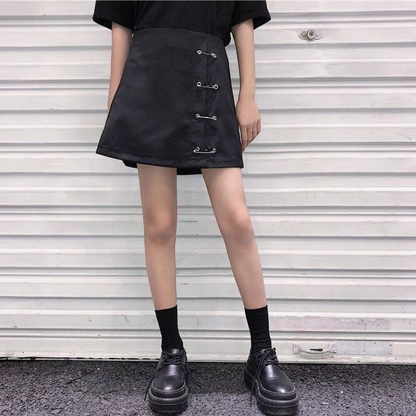 

skirts gothic dark girl streetwear high waist metal pin split mini slim skirt korean student hiphop rock pencil a line bottom japanese, Black