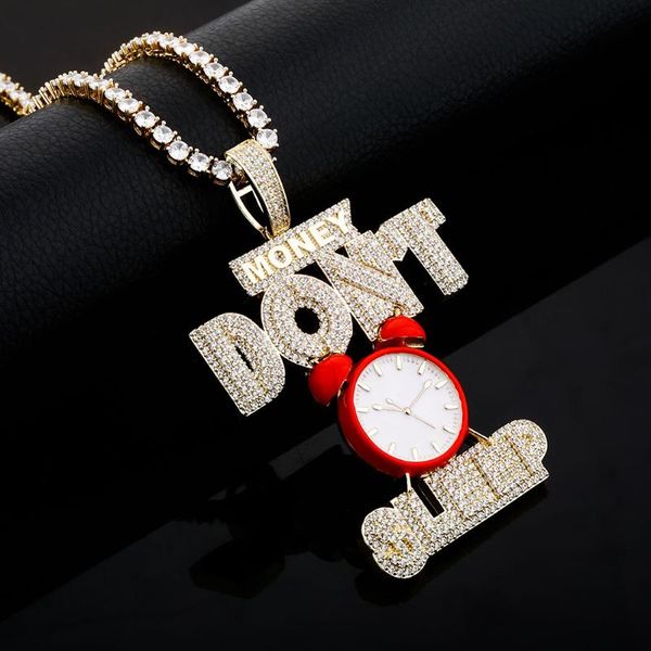 

pendant necklaces hip hop jewelry money dont sleep clock necklace iced out cubic zirconia chain gift for women and men, Silver
