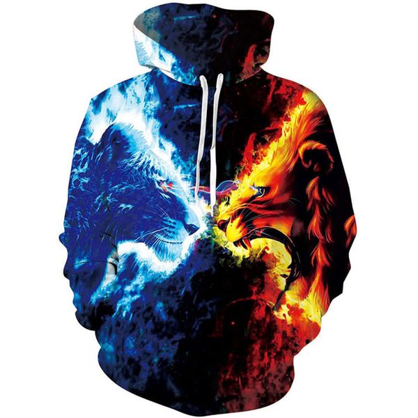 

20213d digital printing tiger series casual loose long sleeve pullover hooded sweater trendy manwinter, Black