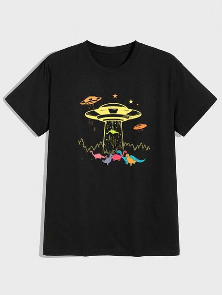 

romwe guys spaceship & dinosaur graphic tee z7cy#, White;black