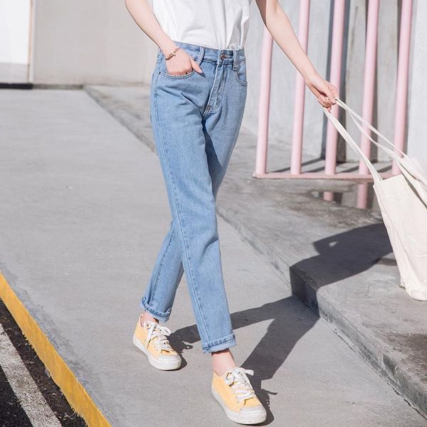

women's jeans high waist mom loose denim pants fashion large size straight slim trousers women summer, Blue