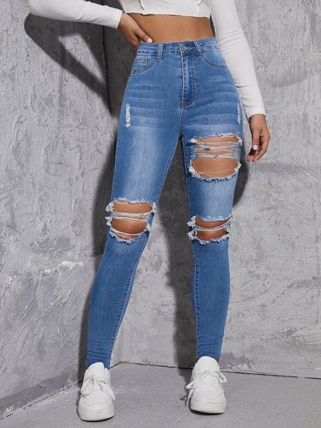 

high waist ripped cut out skinny jeans z2y1#, Blue