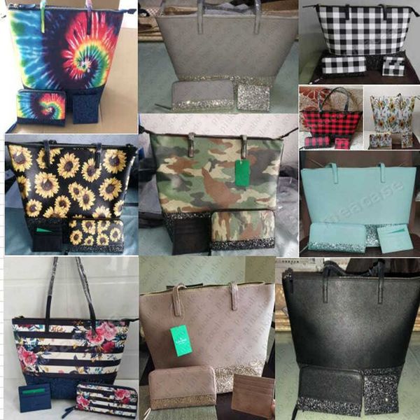 

16 designs handbag tote + card holder pouch +zip long wallet purse 3 piece set sequins glitter patchwork camouflage sunflower checker large, White