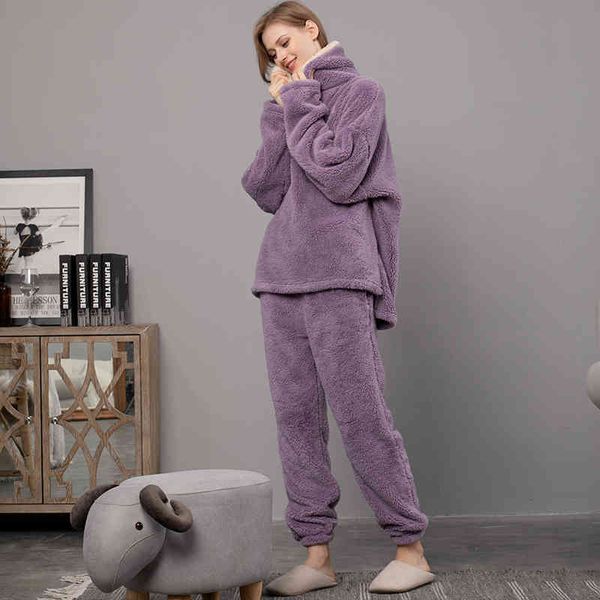 ATUENDO Inverno Caldo Velluto Viola Set Pigiama per Donna 100% Flanella Atoff Home Indumenti da Notte in Raso Moda Peluche Indumenti da Notte Morbidi