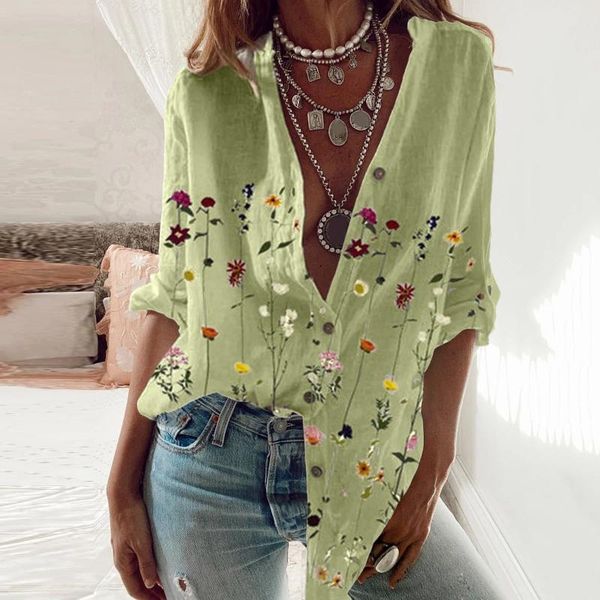 

women's t-shirt women autumn button t-shirts vintage floral print office lady t shirt plus size v-neck long roll sleeve tee mujer cami, White