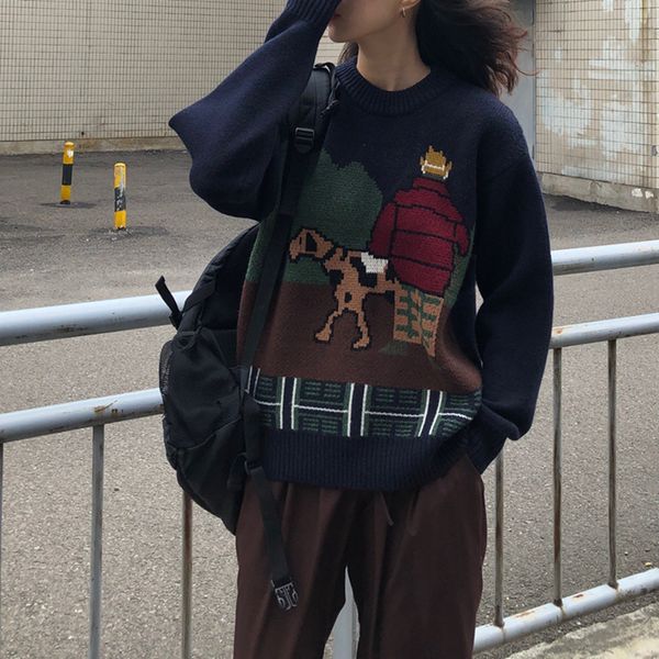 

2021 new college style autumn winter retro fun color matching round neck pullover cartoon sweater exm1, White;black