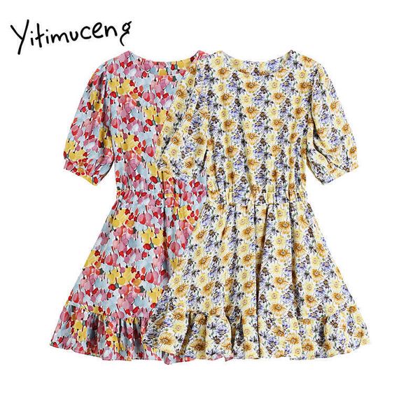 

yitimuceng floral print dresses women summer ruffles high waist puff sleeve o-neck a-line korean fashion sweet dress 210601, Black;gray