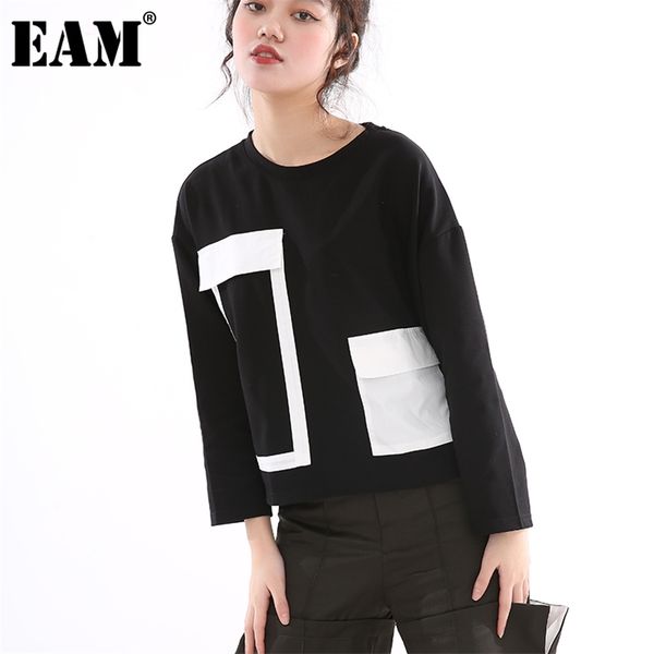 

[eam] women black pocket leisure spliced big size t-shirt round neck long sleeve fashion spring autumn 1z20101 210708, White