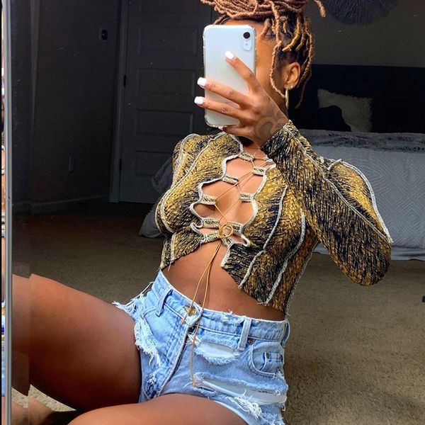 

new autumn and winter 2020 womens fashion printing bandage hollow out slim long sleeve t-shirt, White