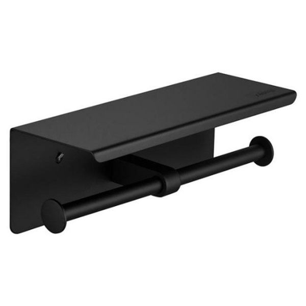 

double roll toilet paper holder with phone shelf, stainless steel, bathroom tissue holder wall mounted, mattle black