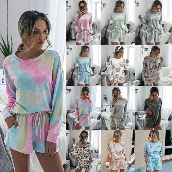 

2021 new vero as mulheres definir tie dye imprimir manga comprida camisa casa e cales brancos roupas de outono terno ocasional solto doi, White