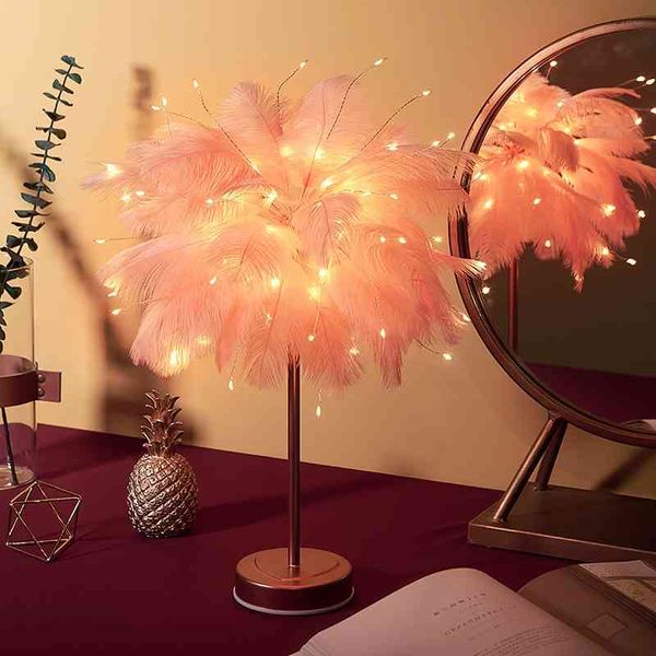 

led feather net red girl room decorative bedroom bedside table small night lamp