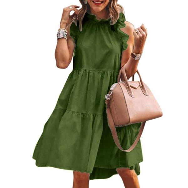 

casual dresses woman ruffles a-line dress loose waist sleeveless solid color femme summer off shoulder ladies tank vestidos, Black;gray