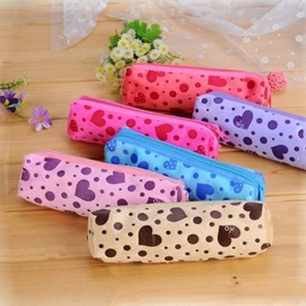 

women cosmetic case dot heart printed velvet cute cosmetic bags long makeup case girl female zipper pencil bags e15w#