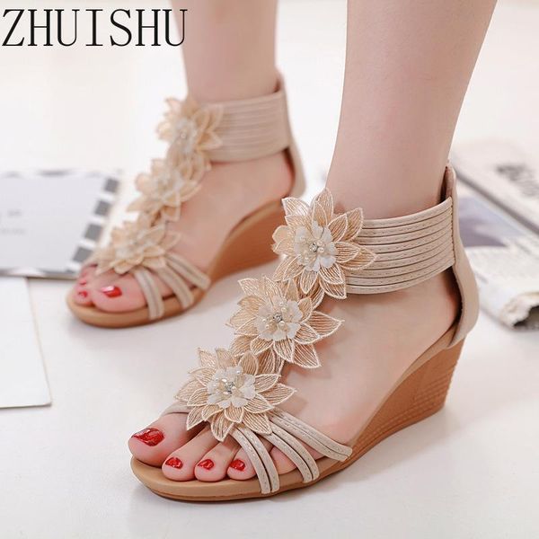 

sandals 2021 women flower wedge cross-border large size shoes roman, Black
