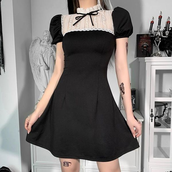 

casual dresses gothic lolita elegant lace tie up a-line dress women short puff sleeve patchwork mini girl cosplay party maid costume, Black;gray