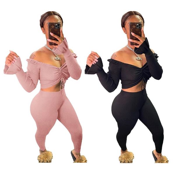 

women's two piece pants autumn 2pcs casual outfits clothing sets ladies long sleeve off shoulder drawstring crop skinny set loungewear, White