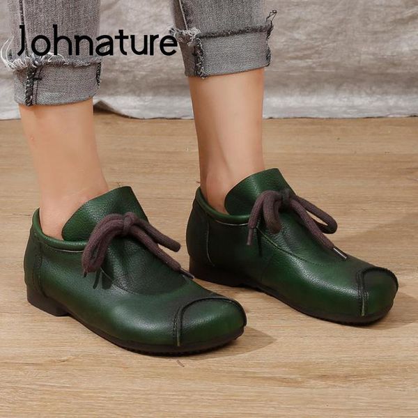 

dress shoes johnature pumps women genuine leather 2021 autumn retro lace-up round toe comfortable sewing leisure ladies, Black