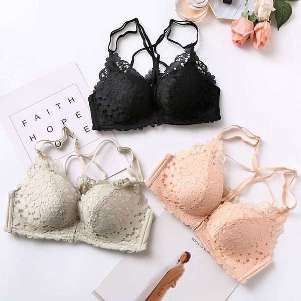 

2020 summer breathable front button, beautiful back, versatile small chest, light color girl's underwear suit, gathered without steel r, Red;black