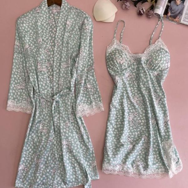 

women's sleepwear women robe v-neck wedding bathrobe suit printed lace sleep set kimono bath gown 2021 spring intimate lingerie, Black;red