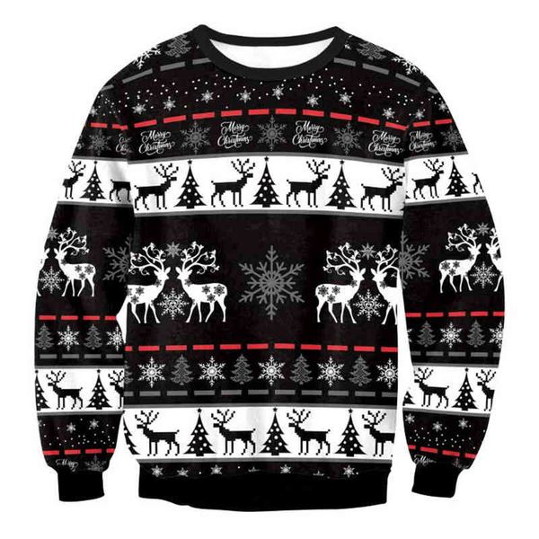 

men women snowflak reindeer ugly christmas sweater novelty 3d graphic sweatshirts pullover funny holiday party xmas jumpers, Black