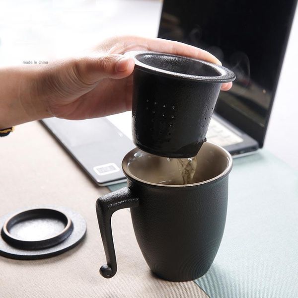 

mugs 300ml ceramic coarse pottery mug with cover filter teacups household large capacity health cup milk coffee