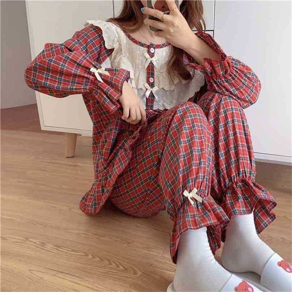 

summer retro lace sweet patchwork pajamas two piece suits soft plaid sleepwear women home chic loose sets 210525, Black;red