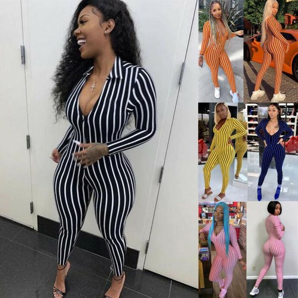 

women's jumpsuits & rompers 2021 fashion womens long sleeve v-neck strpied bodycon jumpsuit skinny high waist, Black;white