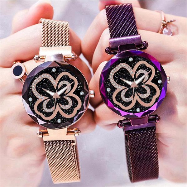 

wristwatches fashion women magnet buckle starry sky flower watch luxury ladies stainless steel quartz clock drop, Slivery;brown