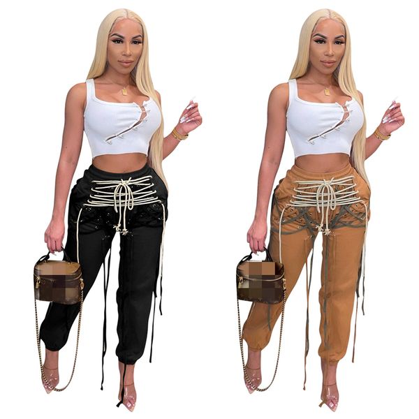 

women eyelet bandage solid jeans fashion trend high waist washed stretch denim trousers designer female drawstring casual slim jean pants, Blue