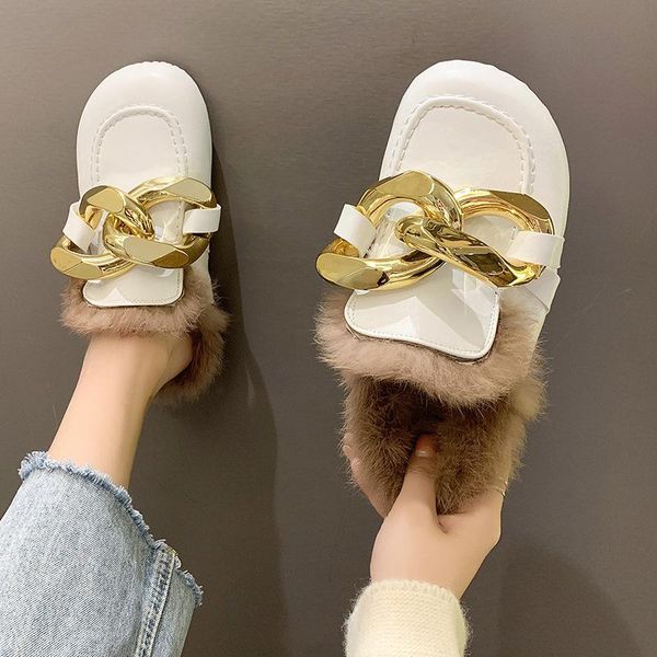 

slippers low loafers shoes casual cover toe slipers women big size fur flip flops rivet luxury 2021 plush rubber basic metal dec, Black