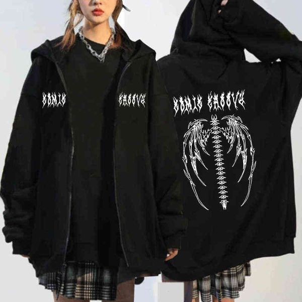 

streetwear harajuku hoodie y2k men women retro gothic oversized hood punk anime print hoodie zipper street sweatshirts g1214, Black